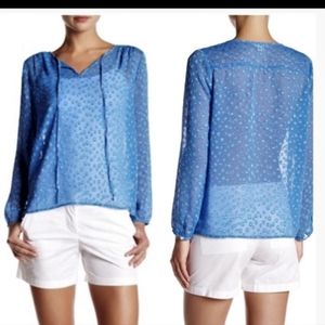 J.Crew S blue Swiss dot tie blouse